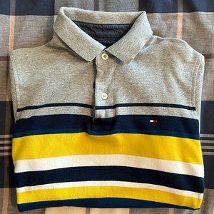 Tommy Hilfiger Polo Size Small Color Gray with Blue, Yellow, and White Stripes